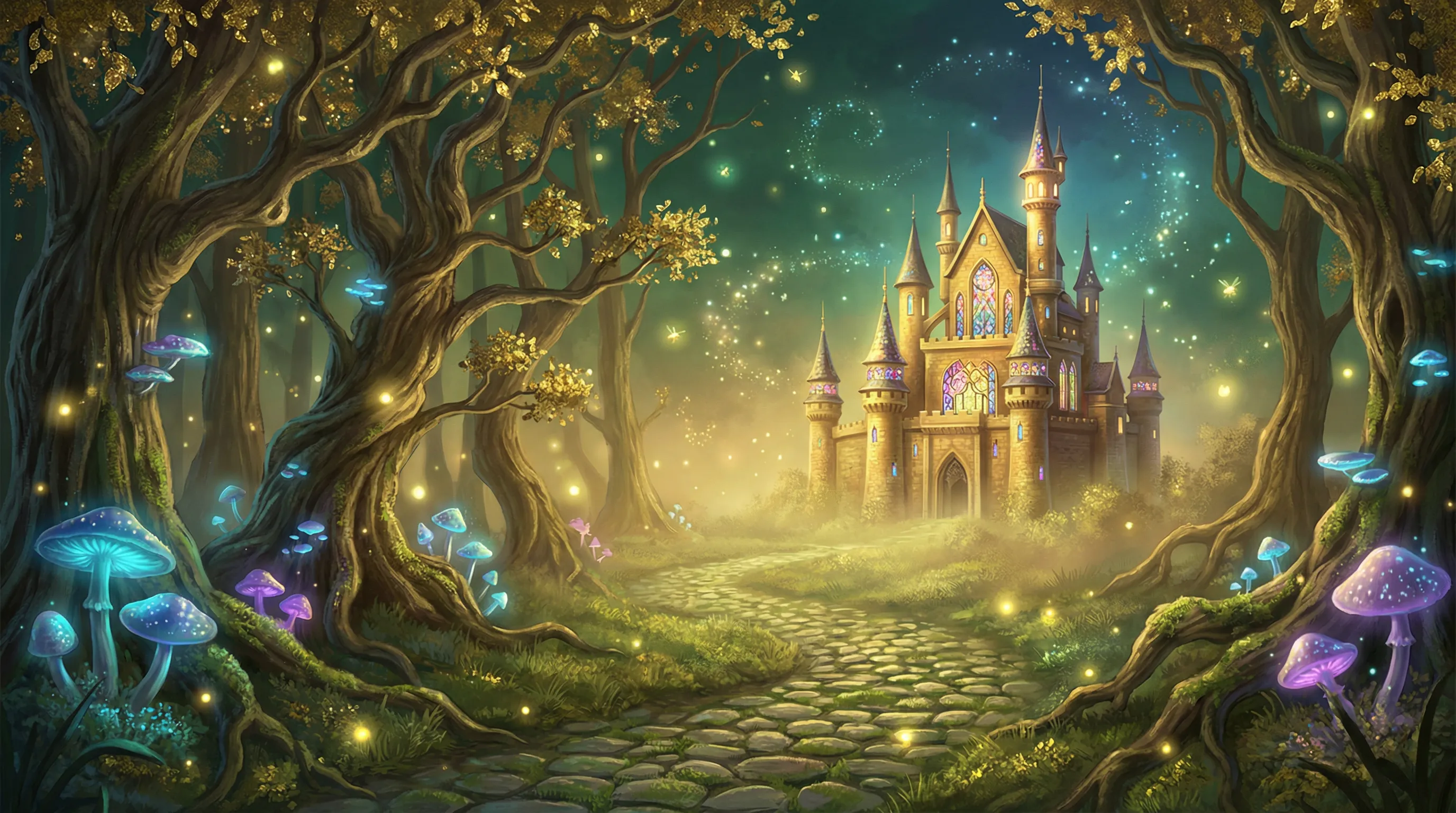 Floresta encantada do cassino Onabet com castelo dourado